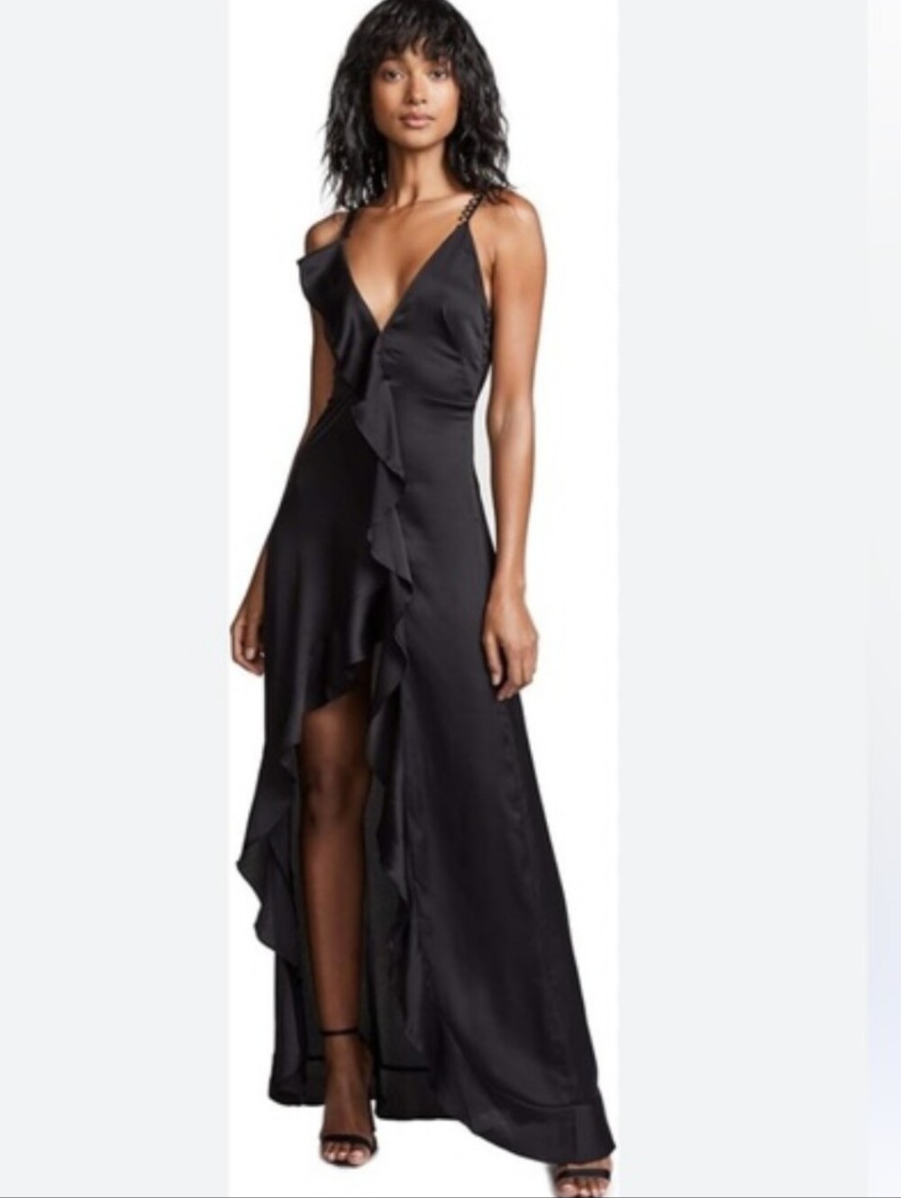 For Love & Lemons Isabella Ruffled Maxi Dress Black High Low Slip Gown